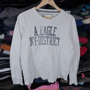 American Eagle Mens White Thermal Graphic Long Sleeve Shirt NY District Small